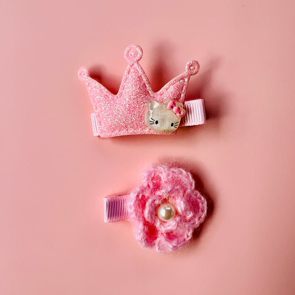 Baby Girls 2 Pieces Pink Kitty Crown and Knitted Flower Hair Clips