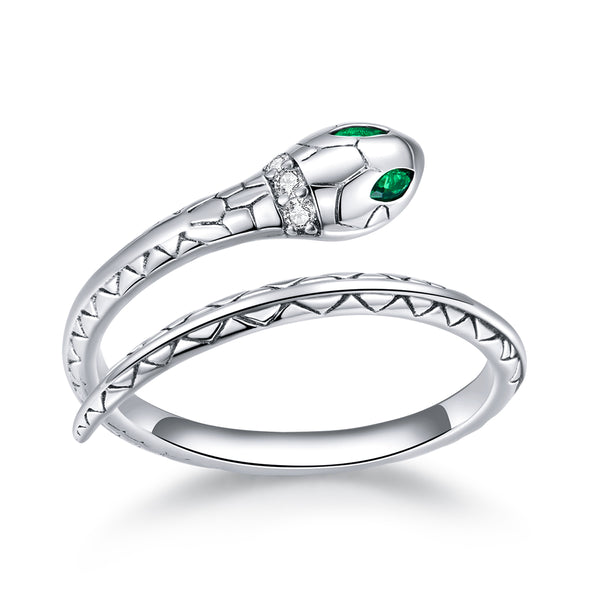 Ida Double Layer Green Stone Adjustable Snake Ring in Sterling Silver Platinum Plated - Bonjeur Precious                                                                                       