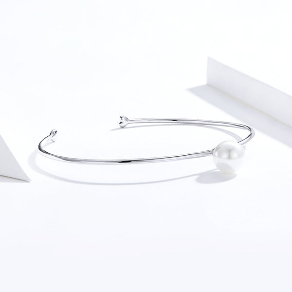 Ophelia Freshwater Pearl Adjustable Bangle in Sterling Silver Platinum Plated - Bonjeur Precious                                                                                               