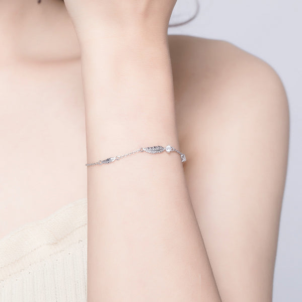 Vintage Feather Minimalist Bracelet in Sterling Silver Platinum Plated - Bonjeur Precious                                                                                                      