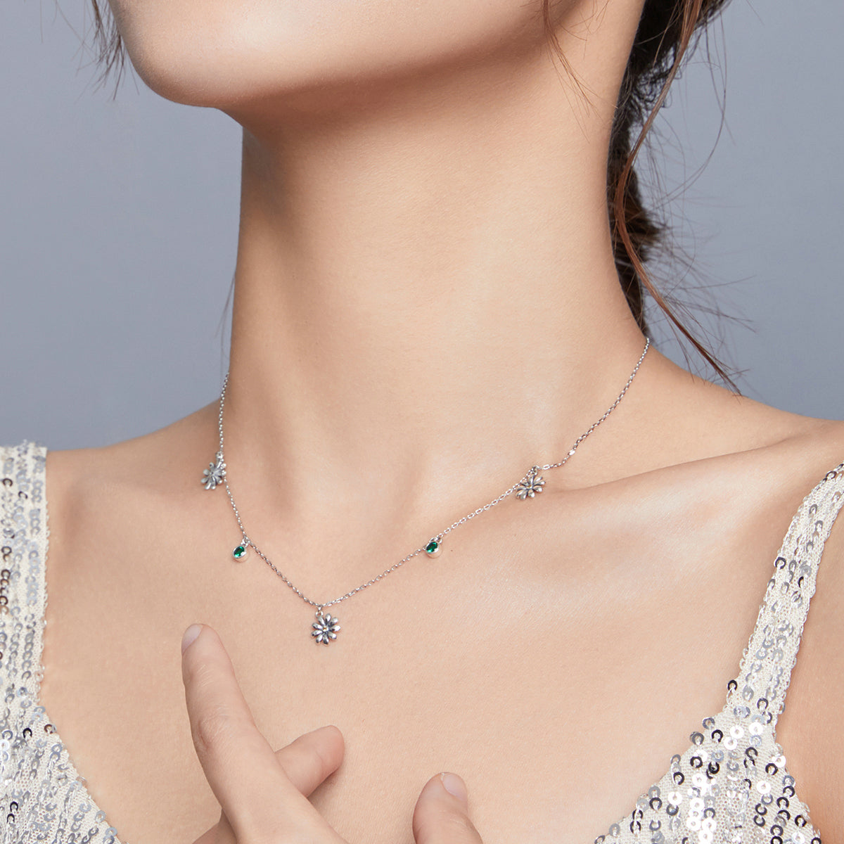 Flora Green Stone Necklace In Sterling Silver| Platinum - Bonjeur Precious                                                                                                                