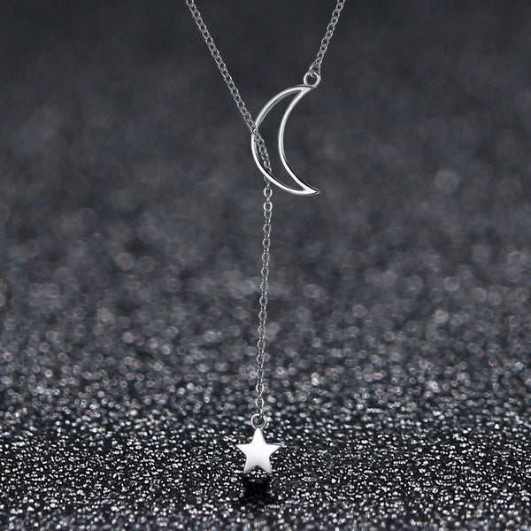 Moon & Star Open Lasso Necklace In Sterling Silver Platinum Plated - Bonjeur Precious                                                                                                          