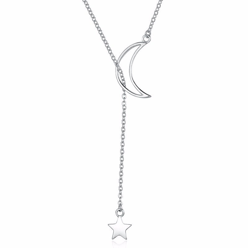 Moon & Star Open Lasso Necklace In Sterling Silver Platinum Plated - Bonjeur Precious                                                                                                          