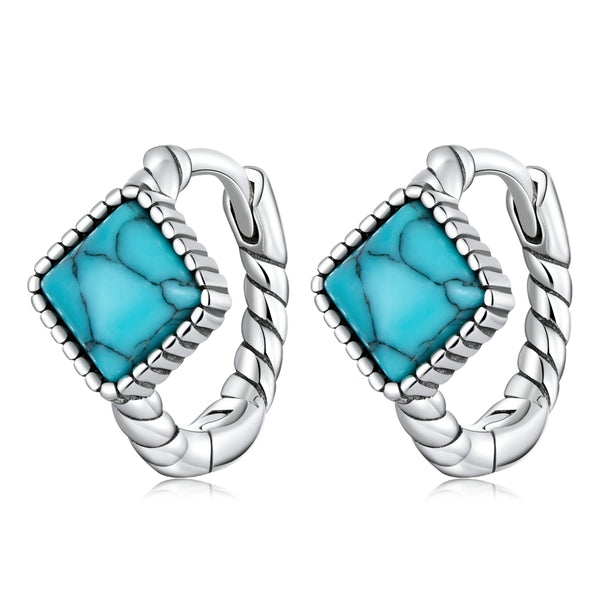 Blue Turquoise Huggie Earrings in Fine Sterling Silver| Platinum| Birthstone DEC - Bonjeur Precious                                                                                            