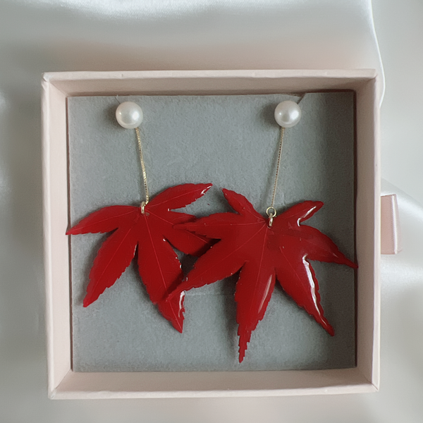 Maple Large Button Pearl 2 IN 1 Sterling Silver Drop Earrings| Real Dried maple leaves| Removable Chains