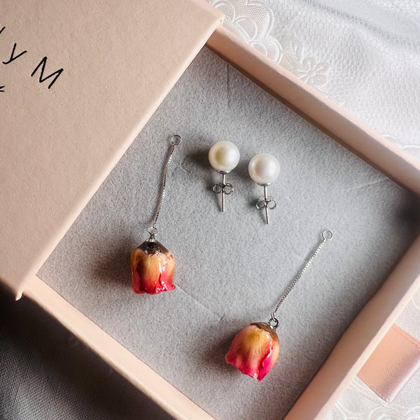 Evie 8mm Flawless Large Pearl Sterling Silver Stud Drop 2 IN 1 Earrings| Real Dried Flowers| Removable Chains