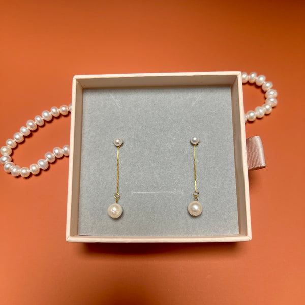 Elizabeth Removable Round Pearl Sterling Silver Studs Long Drop Earrings| 2IN1