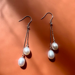 Ada Double Thread Pearl Hook Earrings| Sterling Silver| Freshwater Pearl