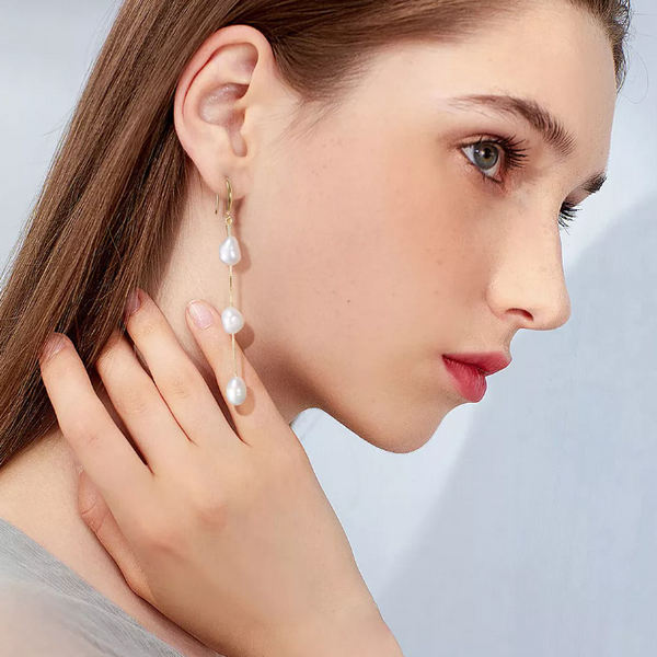 Triple Pearl Dangle Drop Earrings